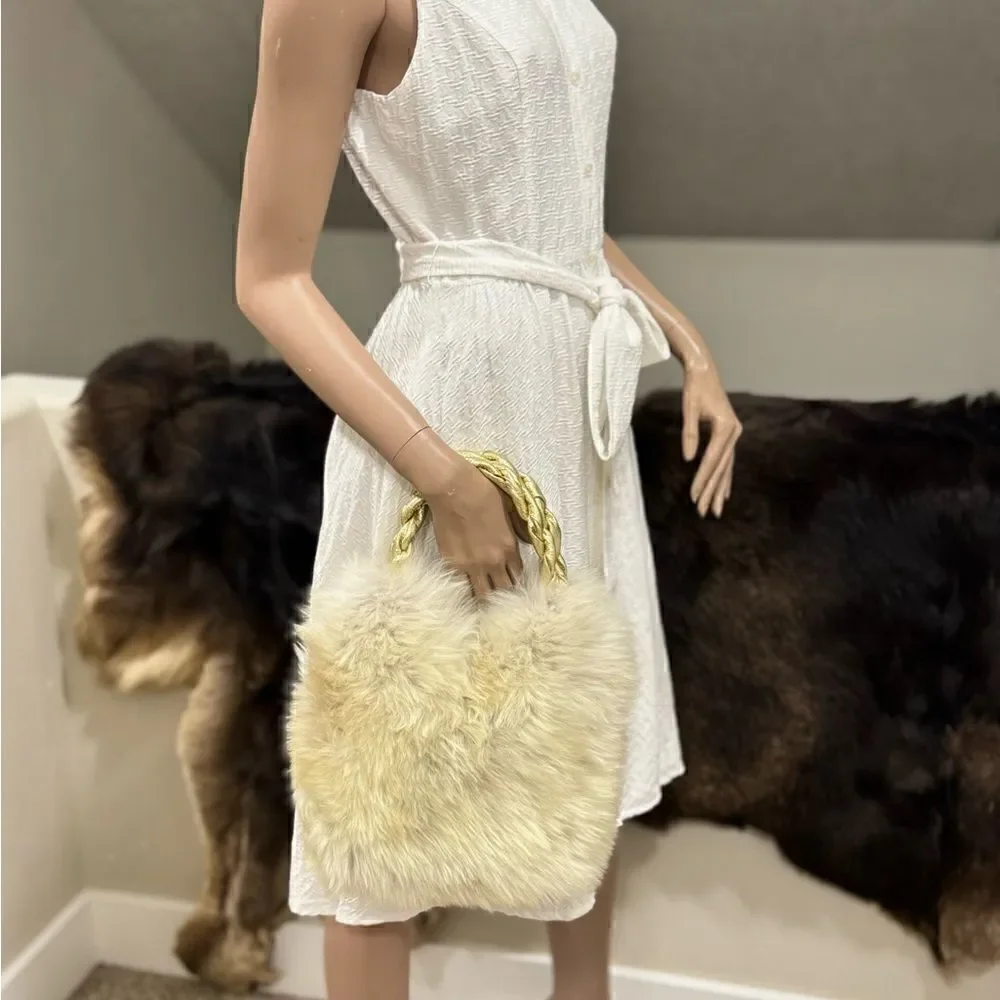 Handmade Genuine Shearling Leather Sheepskin Braided Top Handles Bag/ Crossbody